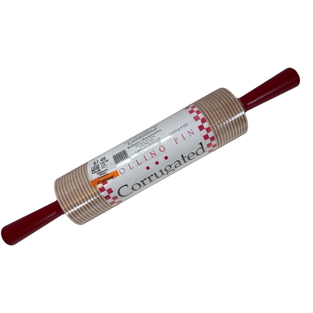Bethany Housewares Corrugated Rolling Pin Hard Maple Lefse Baker Red Handle 420